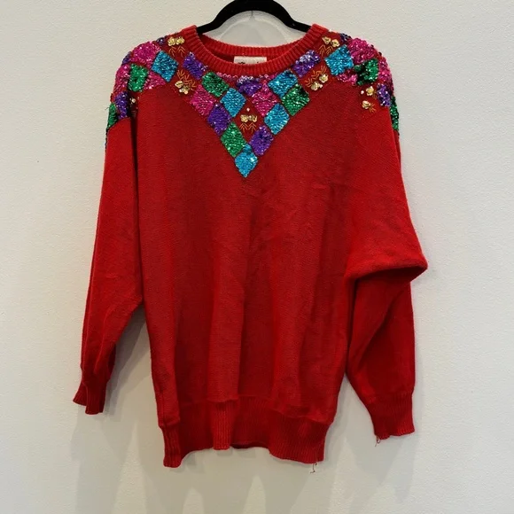 Marnie West Vintage Red Sequin Sweater Size Large - Picture 1 of 9